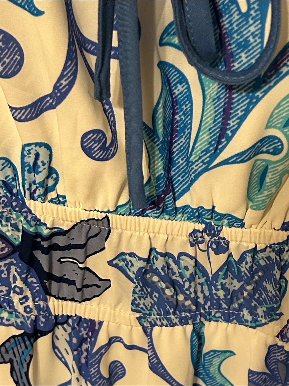 🎒Pretty Garden White & Blue Floral V-Neck Tiered Midi Dress size L GUC - Picture 13 of 15